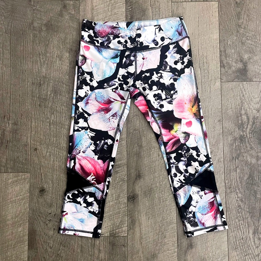 Apana Womens Floral Mesh Panel Capri Yoga Leggings Multicolor Size Small